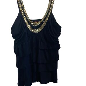 Torrid Y2K Black & Gold Beaded Sequin Tiered Ruffle Tank  Top